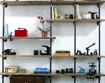 Nathan Reclaimed Scaffolding Boards and Distressed Steel Pipe Wall Mounted and Floor Standing Industrial Shelves / Bookcase