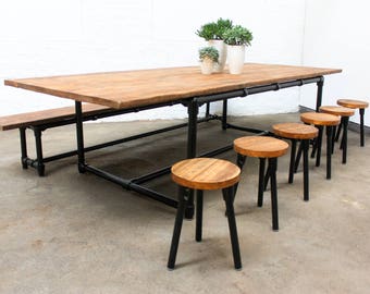 Noralyn Large Dining/Meeting/Display Table, Bench & 6 stools - Chestnut Stained Recycled Scaffolding Boards and Black Powder Coated Steel