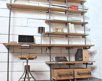 Caroline Reclaimed Scaffolding Boards and Dark Steel Pipe Industrial Desk and Shelves with Storage Boxes on Wheels - Bespoke Urban Furniture