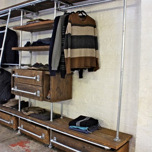 Davis Oak Stained Reclaimed Scaffolding Board and Galvanised Pipe Industrial Open Wardrobe/Dressing Room Shelves, Drawers and Hanging Rails image 4