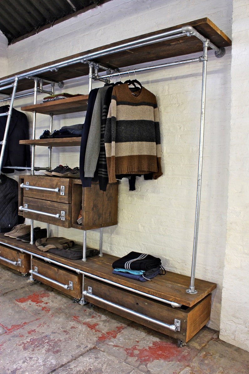 Davis Oak Stained Reclaimed Scaffolding Board and Galvanised Pipe Industrial Open Wardrobe/Dressing Room Shelves, Drawers and Hanging Rails image 4