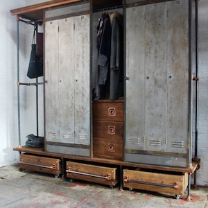 David Chestnut Stained Reclaimed Scaffolding Board, Dark Steel Pipe and Copper Fittings Open Wardrobe/Closet, Vintage Locker Sliding Doors