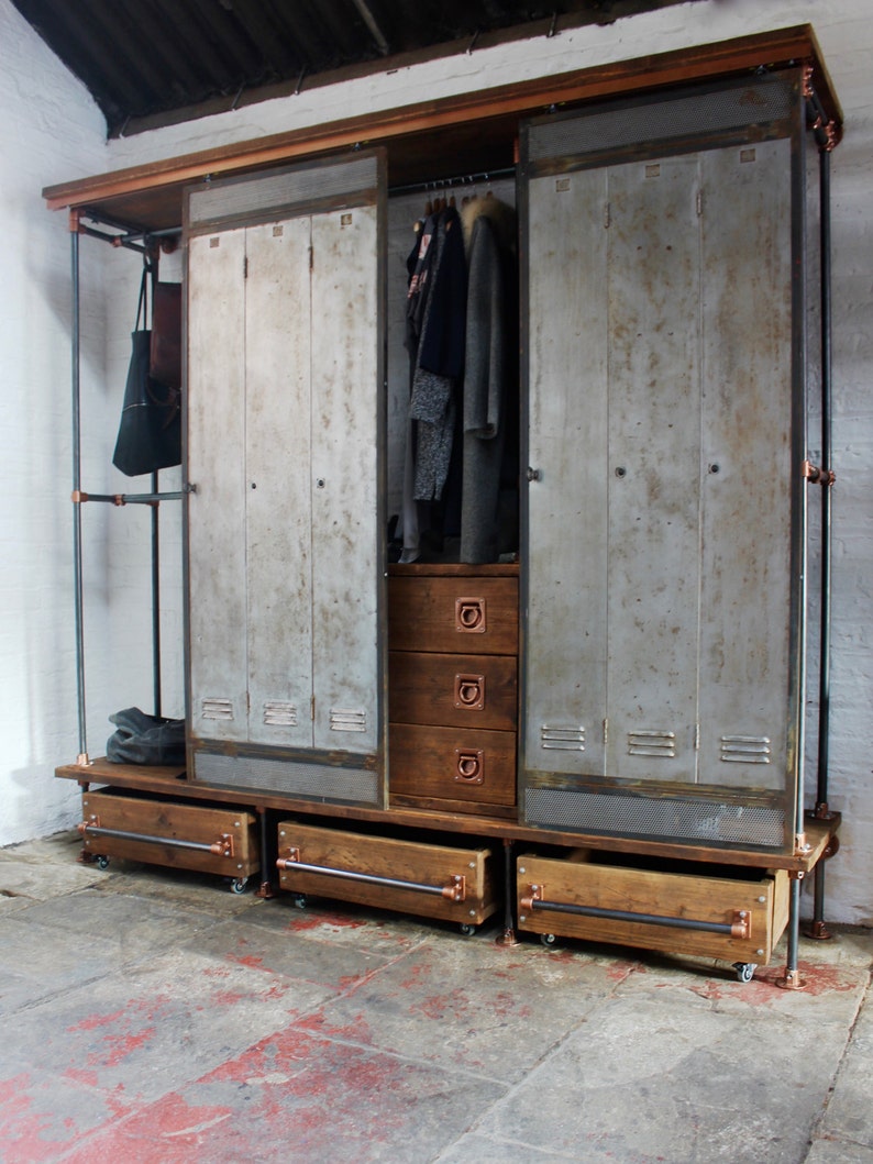 David Chestnut Stained Reclaimed Scaffolding Board, Dark Steel Pipe and Copper Fittings Open Wardrobe/Closet, Vintage Locker Sliding Doors image 1