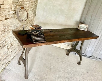 Adam 150 year old Reclaimed Wooden Roof Rafters Console Table jointed with Oversized Hand-cut Dovetail Joints with Vintage Cast Iron Legs