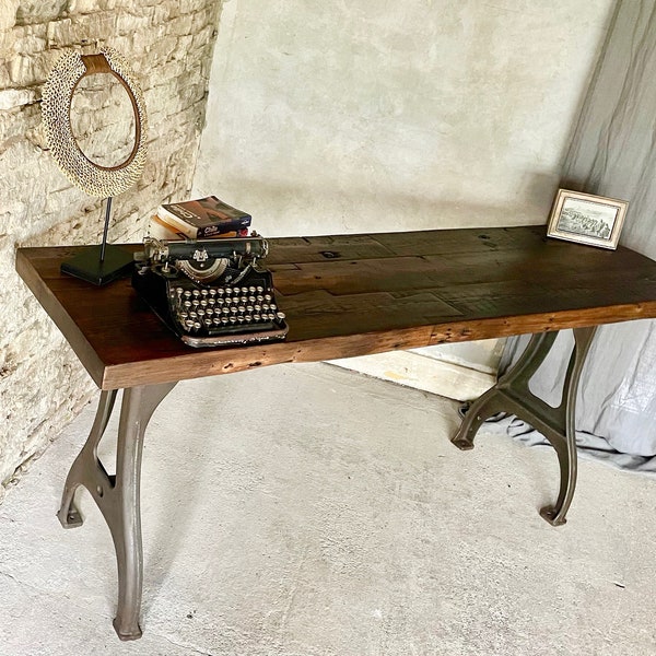 Adam 150 year old Reclaimed Wooden Roof Rafters Console Table jointed with Oversized Hand-cut Dovetail Joints with Vintage Cast Iron Legs