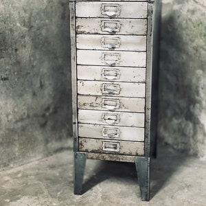 Reclaimed Vintage Urban Industrial 1950s Stripped Steel 10 Drawer Filing Cabinet with steel subject holder handles www.urbangrain.co.uk image 1