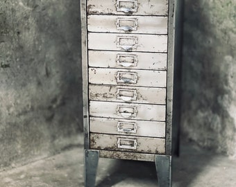 Reclaimed Vintage Urban Industrial 1950s Stripped Steel 10 Drawer Filing Cabinet with steel subject holder handles - www.urbangrain.co.uk