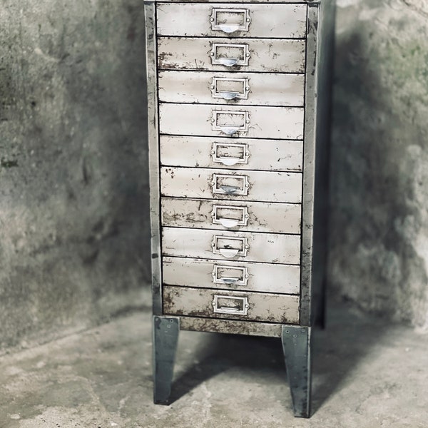 Reclaimed Vintage Urban Industrial 1950s Stripped Steel 10 Drawer Filing Cabinet with steel subject holder handles - www.urbangrain.co.uk