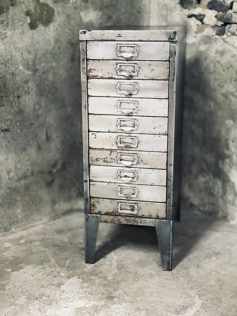 Reclaimed Vintage Urban Industrial 1950s Stripped Steel 10 Drawer Filing Cabinet with steel subject holder handles www.urbangrain.co.uk image 1