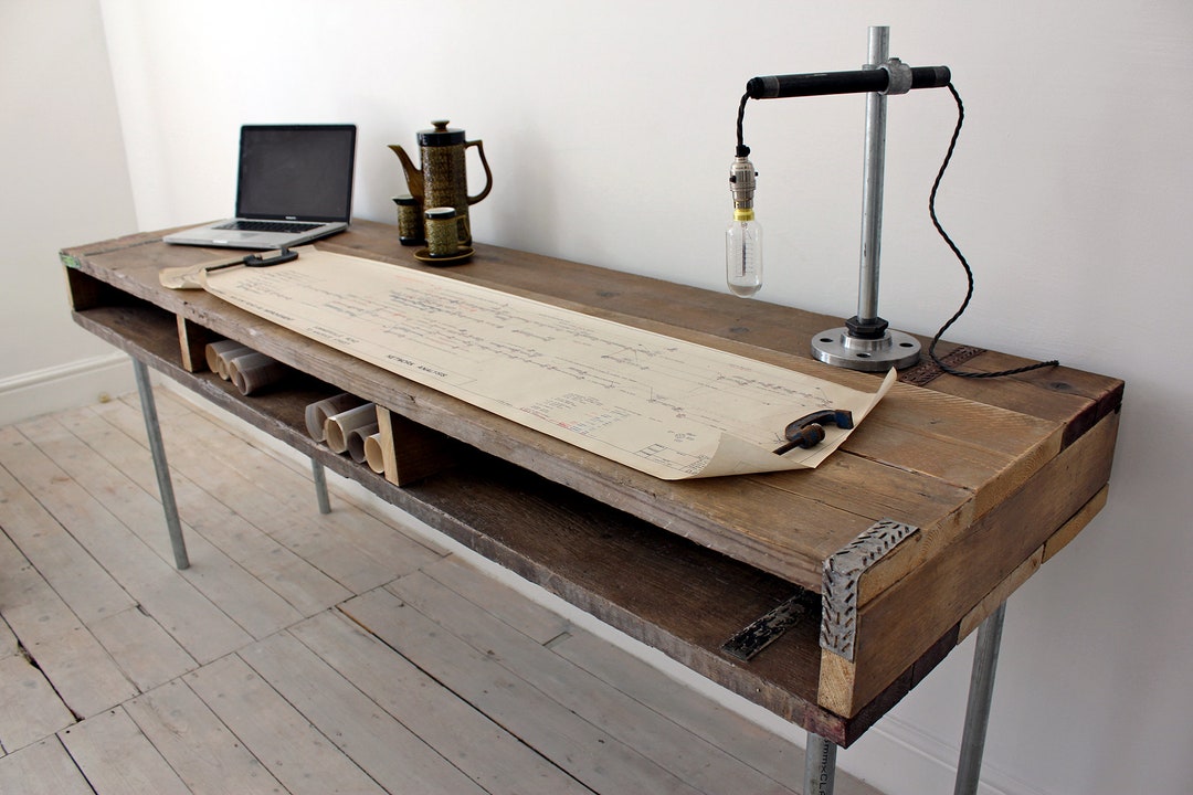 Ellie Reclaimed Scaffolding Board Urban Industrial Chic Long Desk With  Built in Storage and Galvanised Steel Legs Www.urbangrain.co.uk - Etsy