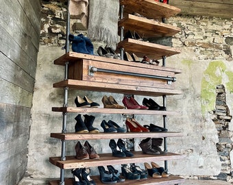 Devon Shoe Shelves or Hall Stand - Handmade Reclaimed Scaffolding Board Shelves and Drawer Unit with Hanging Rail - www.urbangrain.co.uk