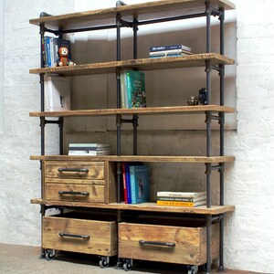 Ana-Maria Clear Varnished Reclaimed Scaffolding Board and Dark Steel Pipe Bookcase with Integrated Drawer Units and Roll out Storage Boxes image 3