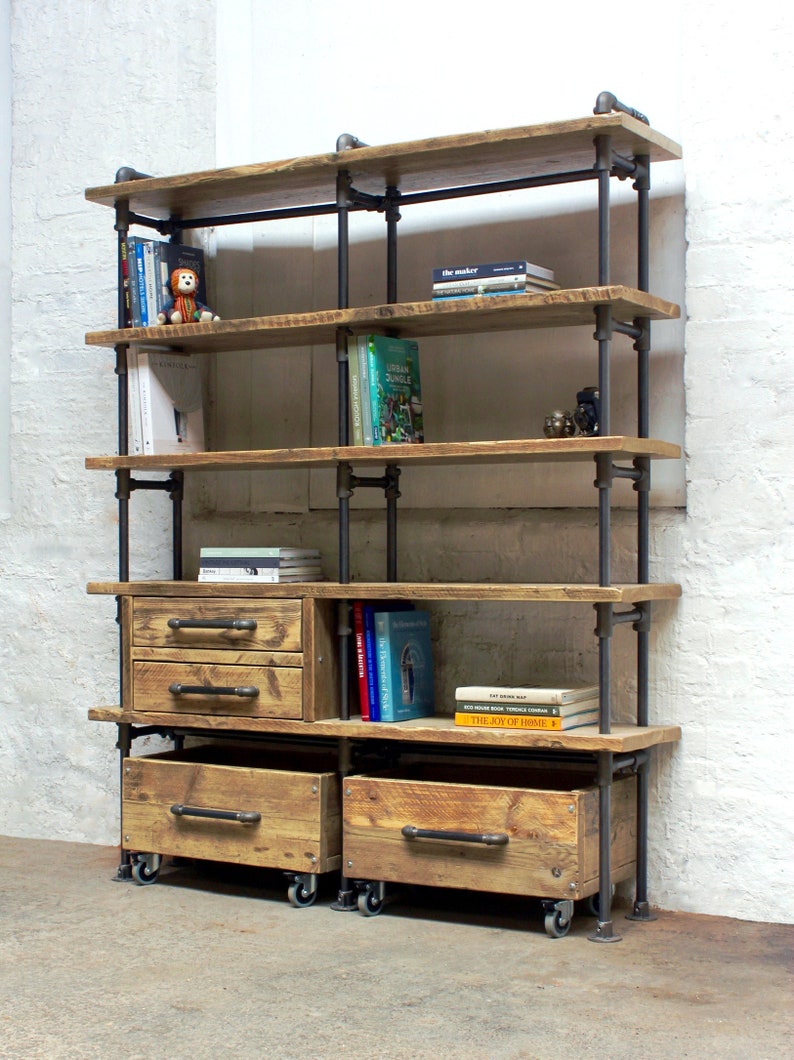 Ana-Maria Clear Varnished Reclaimed Scaffolding Board and Dark Steel Pipe Bookcase with Integrated Drawer Units and Roll out Storage Boxes image 3