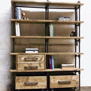 Ana-Maria Clear Varnished Reclaimed Scaffolding Board and Dark Steel Pipe Bookcase with Integrated Drawer Units and Roll out Storage Boxes image 1