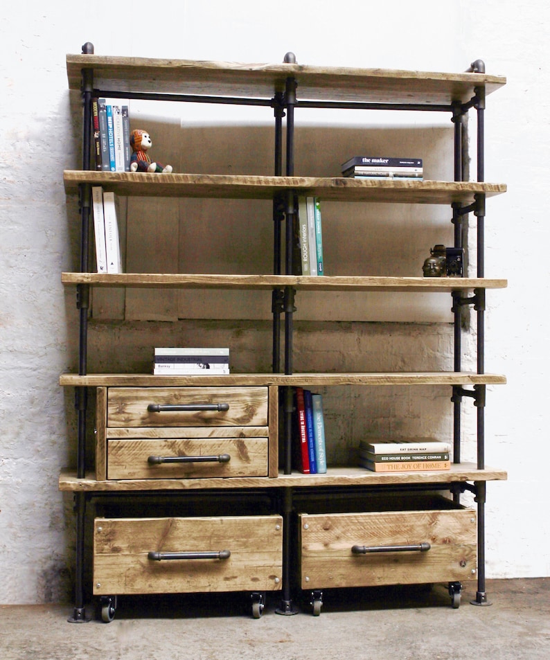 Ana-Maria Clear Varnished Reclaimed Scaffolding Board and Dark Steel Pipe Bookcase with Integrated Drawer Units and Roll out Storage Boxes image 1