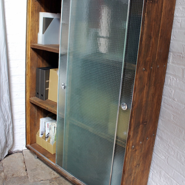 Wilkinson Reclaimed Scaffolding Board Stationery Cupboard with Textured Wired Fire Safety Glass Doors - Furniture by www.urbangrain.co.uk