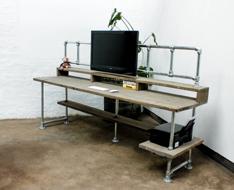 Ethan Reclaimed Scaffolding Board Industrial Style Desk with Built In Storage, Overhead Monitor Mounting Rails and Corner Under Shelf image 9
