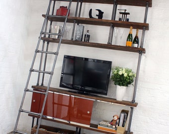 Dierdre Dark Steel, Chestnut Reclaimed Scaffolding Board Bookshelves/Media Unit with Painted Glass Sliding Doors and Rolling Ladders