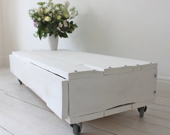 Molton White Painted Reclaimed Scaffolding Board Long Low Coffee Table with Drawer on Castors