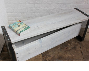 Finizio Reclaimed White Washed Scaffolding Board Low Bench/Storage, Angle Iron Steel Framed Legs and a Wheel Out Drawer Unit Below