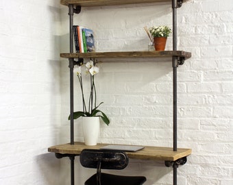 Baines Bespoke Reclaimed Scaffolding Boards and Dark Steel Pipe Adjustable Shelves Bookcase with Incorporated Desk - www.urbangrain.co.uk