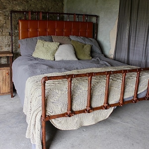 Alison Distressed Steel Pipe Industrial Super Kingsize Bed with Padded Leather Headboard - Bespoke Furniture by www.urbangrain.co.uk