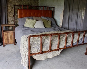 Alison Distressed Steel Pipe Industrial Super Kingsize Bed with Padded Leather Headboard - Bespoke Furniture by www.urbangrain.co.uk