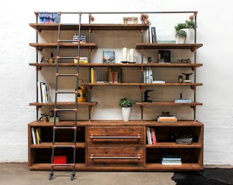 Bos Reclaimed Chestnut Stained Scaffolding Board, Dark Steel Pipe Shelving Unit with Drawers and Copper Powder Coated Adjustable Fittings