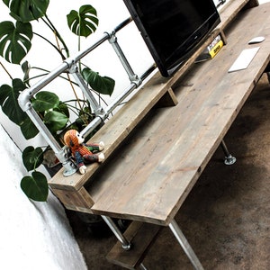 Ethan Reclaimed Scaffolding Board Industrial Style Desk with Built In Storage, Overhead Monitor Mounting Rails and Corner Under Shelf image 3