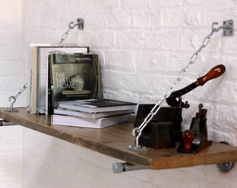 Susie Reclaimed Scaffolding Board Shelf with Galvanised Steel Pipe Wall Brackets and supporting chains - made to order industrial furniture