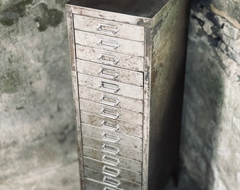 Tall and Narrow Reclaimed Vintage Urban Industrial 1950s Stripped Steel 15 Drawer Filing Cabinet with chrome handles - www.urbangrain.co.uk