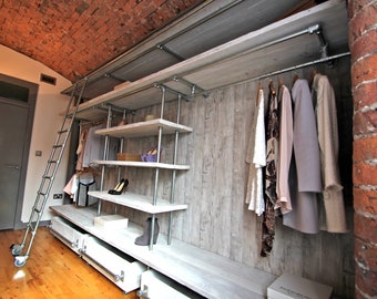 Samantha White Washed Reclaimed Scaffolding Board and Galvanised Steel Pipe Industrial Open Wardrobe/Dressing Room Shelving and Hanging Unit