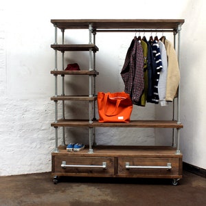 Geno Light Walnut Recycled Scaffolding Board and Galvanised Pipe Industrial Open Wardrobe, Dressing Room Shelves, Drawers and Hanging Rails