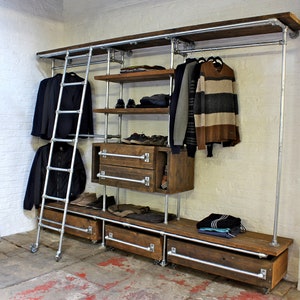 Davis Oak Stained Reclaimed Scaffolding Board and Galvanised Pipe Industrial Open Wardrobe/Dressing Room Shelves, Drawers and Hanging Rails image 1