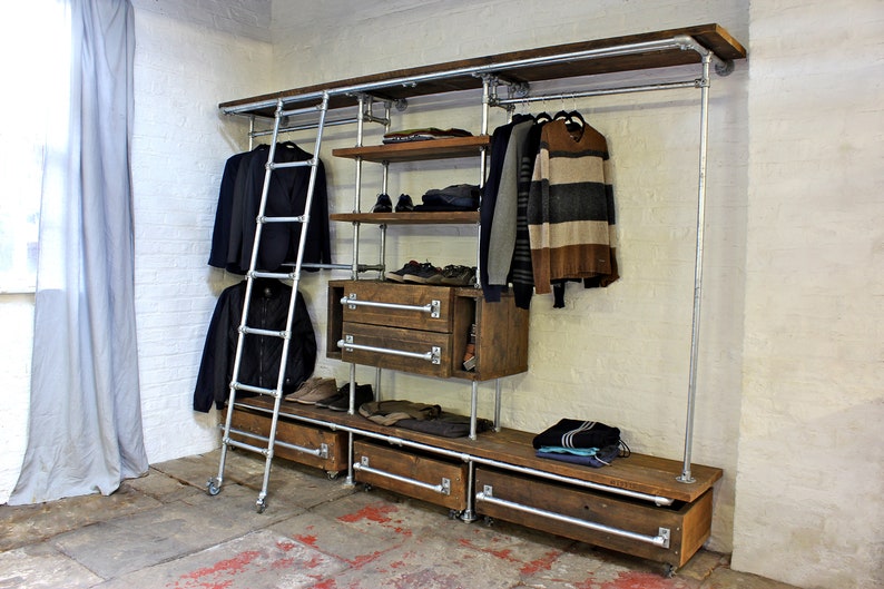 Davis Oak Stained Reclaimed Scaffolding Board and Galvanised Pipe Industrial Open Wardrobe/Dressing Room Shelves, Drawers and Hanging Rails image 1