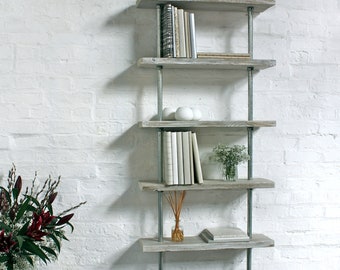 Robyn Adjustable Reclaimed white-washed Scaffolding Boards and Galvanised Steel Pipe Shelves/Bookcase - Bespoke Furniture by www.