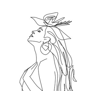 Puede incluir: Dibujo de l&iacute;nea de una mujer con el pelo largo que lleva una gran corona de flores y pendientes. La mujer est&aacute; mirando hacia arriba y sus manos est&aacute;n cerca de su pecho.