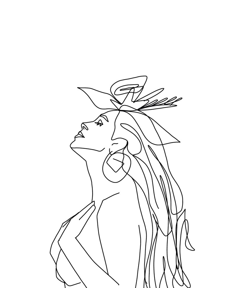 Puede incluir: Dibujo de l&iacute;nea de una mujer con el pelo largo que lleva una gran corona de flores y pendientes. La mujer est&aacute; mirando hacia arriba y sus manos est&aacute;n cerca de su pecho.