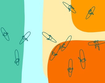 Surf Line Drawing, 8x10, Arte de pared, Playa, Vibración de los años 70