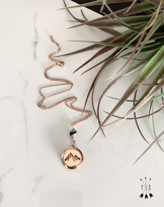 Mountain Diffuser Locket with Quartz - Rose Gold or Stainless Steel Aromatherapy Locket - Essential Oil Necklace