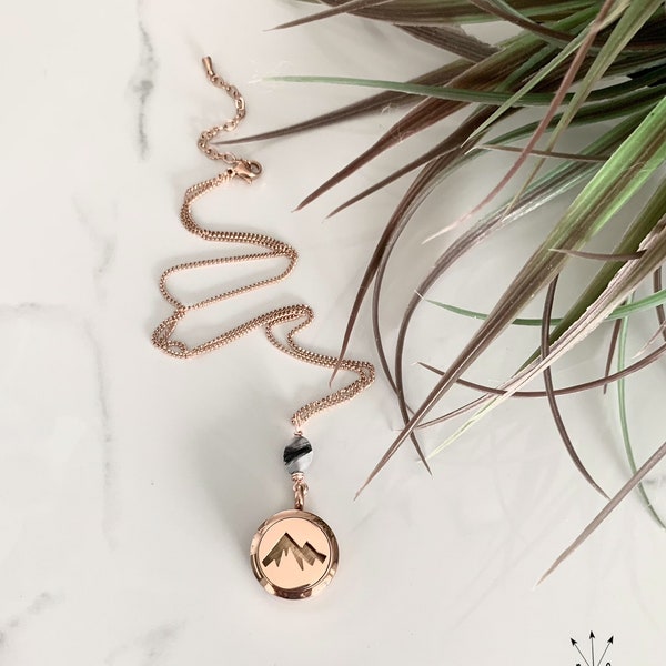 Mountain Diffuser Locket with Quartz - Rose Gold or Stainless Steel Aromatherapy Locket - Essential Oil Necklace