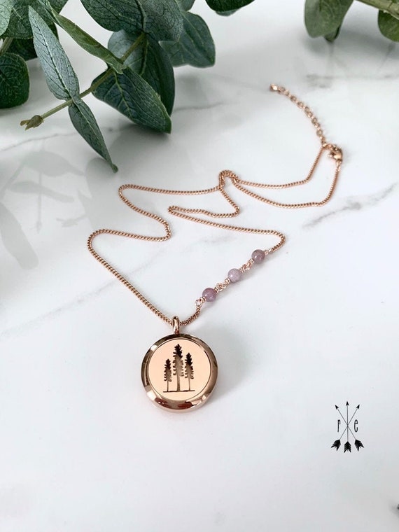 Rose Gold Sitka Tree with Lilac Stone  Chain Detail - Aromatherapy Necklace - Essential Oil Diffuser Necklace