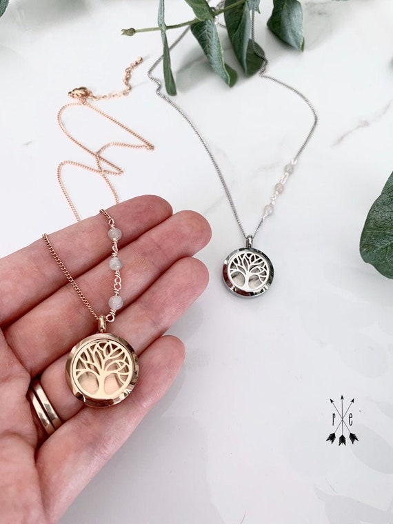 Moonstone Detailed Chain - Tree of Life Aromatherapy Necklace - Essential Oil Diffuser Pendant