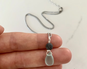 Sea Glass and Lava Minimalist Necklace - Stainless Steel Diffuser Necklace