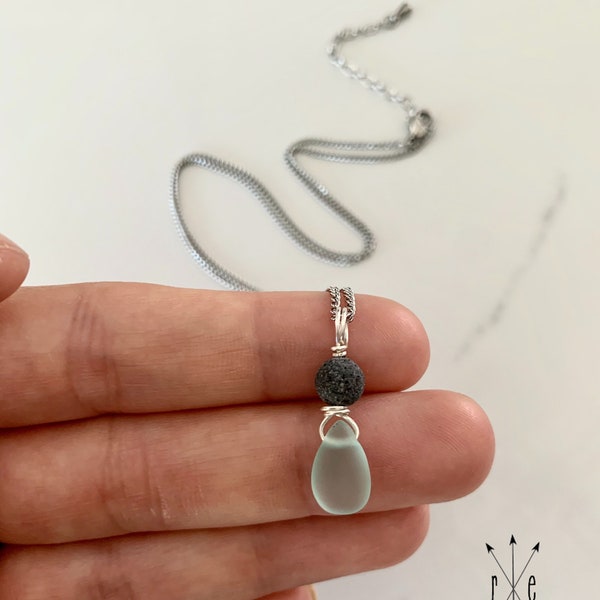 Sea Glass and Lava Minimalist Necklace - Stainless Steel Diffuser Necklace