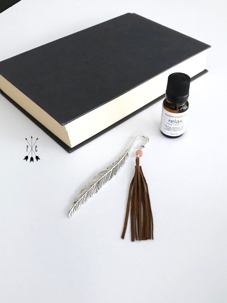 Aromatherapy Bookmark and Oil Gift Set Silver Feather Bookmark for Diffusing Essential Oils Suede Tassel Diffuser Bookmark image 4