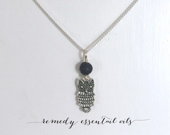 Lava Bead Diffuser Necklace; Owl & Lava Stone Necklace; Essential Oil Diffuser Necklace; Owl Charm