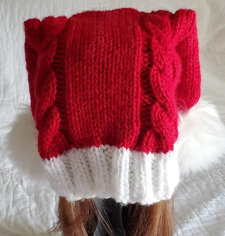 ingrascrafts Cable Hand Knitted The Christmas Penny's Style Hat, Pom Poms Hat, Santa Hat, Red and White Chunky Acrylic