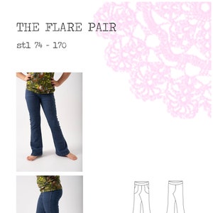 以下が含まれることがあります： 「The Flare Pair」と呼ばれるフレアパンツの縫製パターン、サイズ74〜170。パターンには、パンツの線画と、パンツを着用した子供の画像が含まれています。