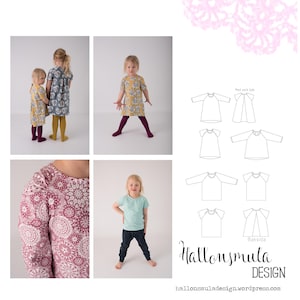 Puede incluir: Un patrón de costura para una camisa y una túnica para niños llamada "Pineapple Pop" en tallas 80-164 cm. El patrón incluye instrucciones para una camisa con mangas largas y cortas y una túnica con cuello redondo y un canesú trasero.